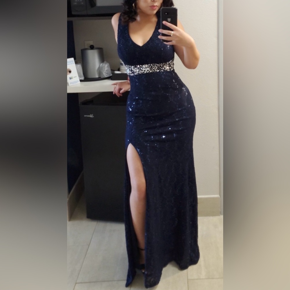 Scala Midnight Blue Sequin Dress with Side Slit